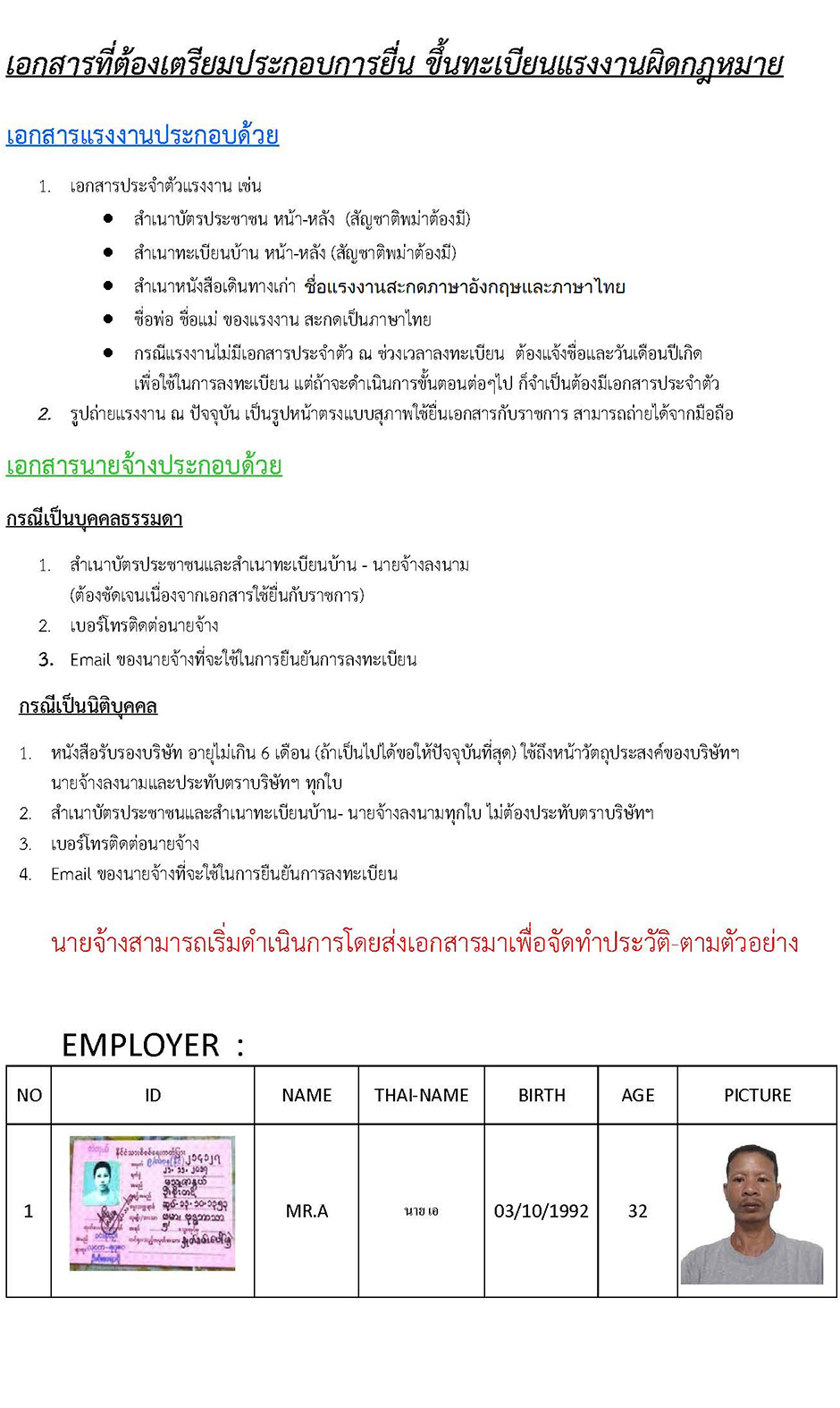 เอกสารที่ต้องเตรียมประกอบการยื่น ขึ้นทะเบียนแรงงานผิดกฎหมาย